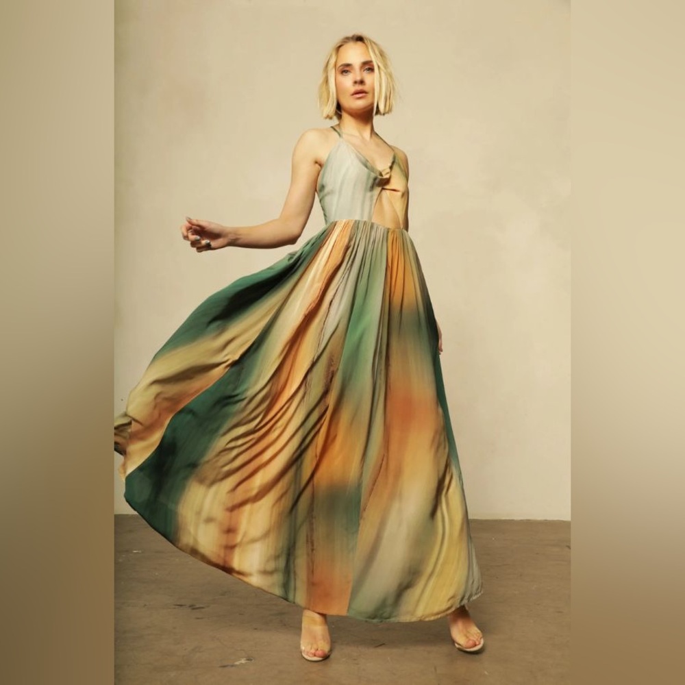 Nightcap Free People Watercolor strappy cutout boho maxi dress gown S M L